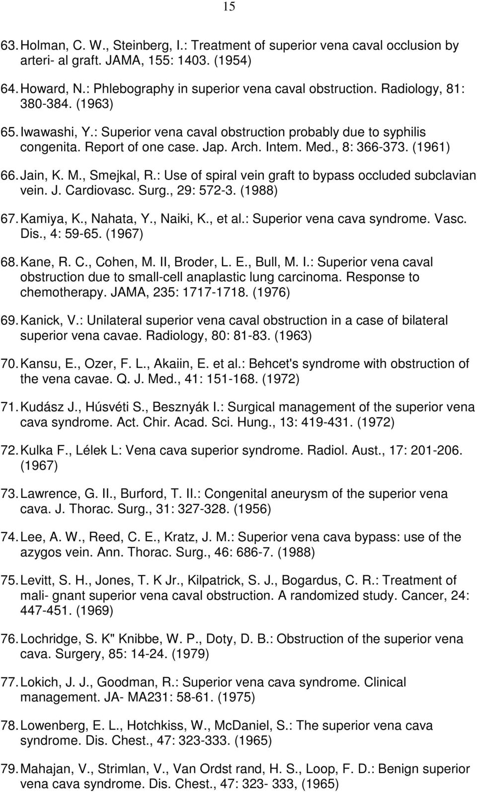 : Use of spiral vein graft to bypass occluded subclavian vein. J. Cardiovasc. Surg., 29: 572-3. (1988) 67. Kamiya, K., Nahata, Y., Naiki, K., et al.: Superior vena cava syndrome. Vasc. Dis., 4: 59-65.