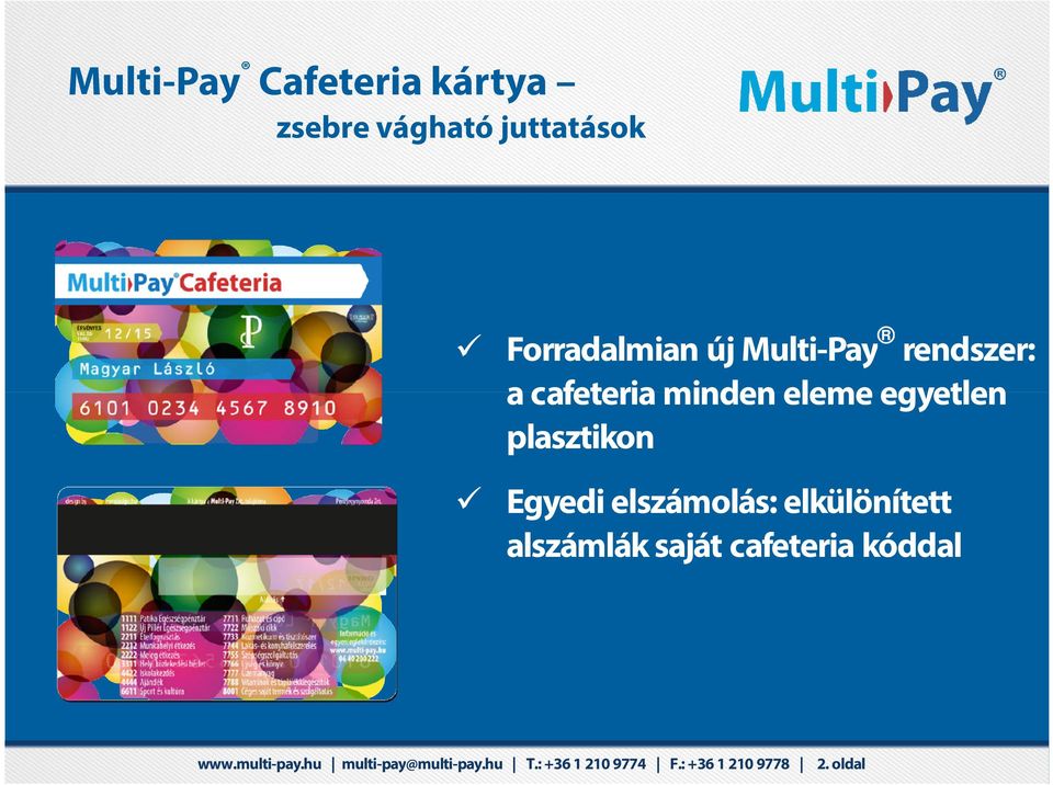 elszámolás: elkülönített alszámlák saját cafeteria kóddal www.multi-pay.