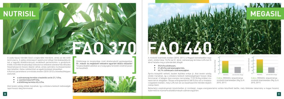 8 FAO 370 FAO 440 59,8 t/ha zöldhozam, 2,68 t/ha szárazanyagtermés, 46,% csőhányad a szárazanyagban. Április közepétől vethető, kezdeti fejlődési erélye jó.