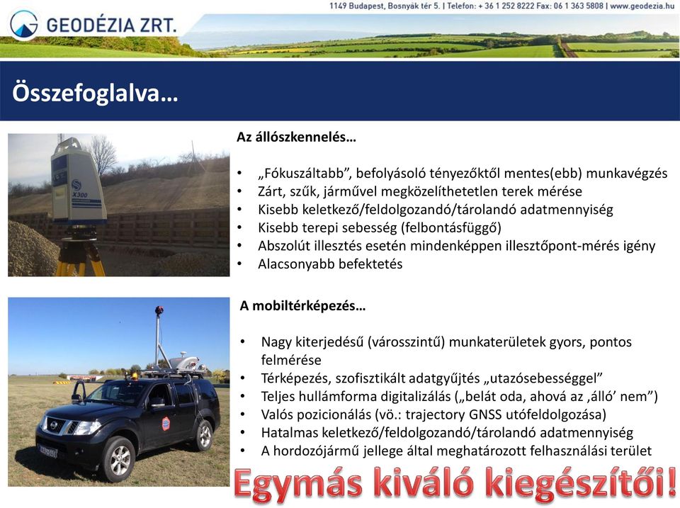 mobiltérképezés Nagy kiterjedésű (városszintű) munkaterületek gyors, pontos felmérése Térképezés, szofisztikált adatgyűjtés utazósebességgel Teljes hullámforma digitalizálás (