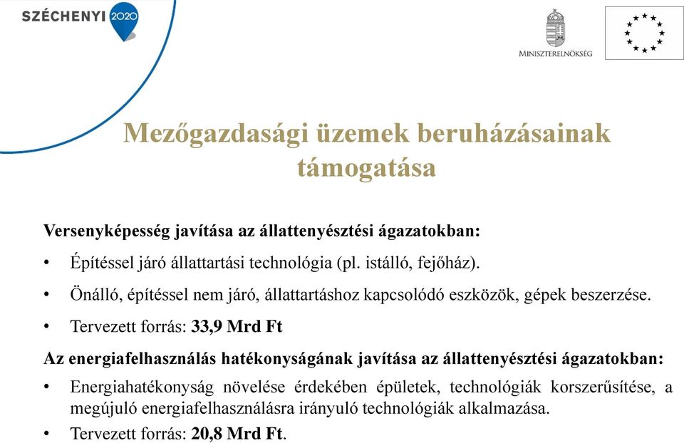 Tervezett forrás: 33,9 Mrd Ft Az energiafelhasználás hatékonyságának javítása az állattenyésztési ágazatokban: Energiahatékonyság