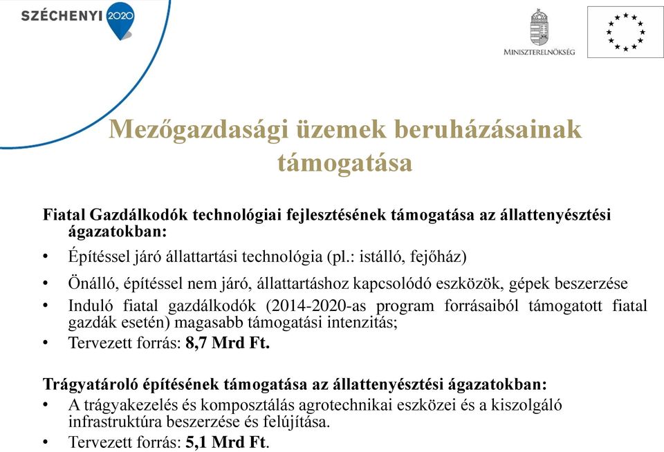: istálló, fejőház) Önálló, építéssel nem járó, állattartáshoz kapcsolódó eszközök, gépek beszerzése Induló fiatal gazdálkodók (2014-2020-as program forrásaiból