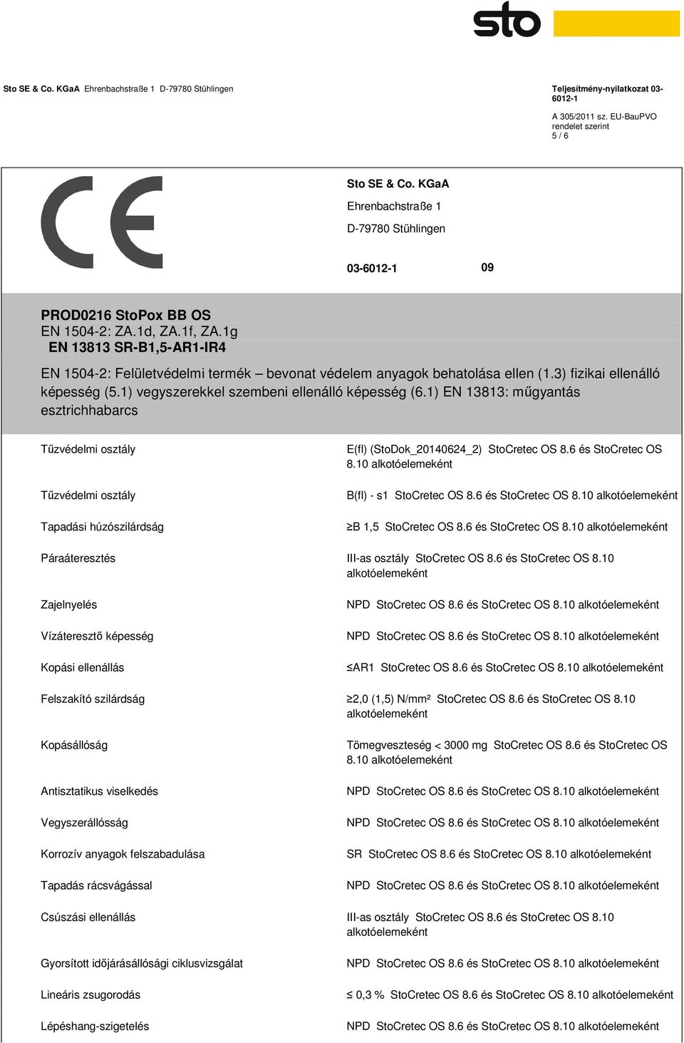 1) EN 13813: műgyantás esztrichhabarcs Tapadási húzószilárdság E(fl) (StoDok_20140624_2) StoCretec OS 8.6 és StoCretec OS B(fl) - s1 StoCretec OS 8.6 és StoCretec OS B 1,5 StoCretec OS 8.