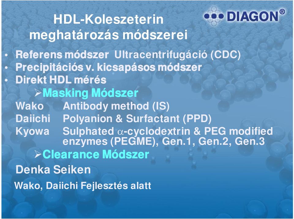 kicsapásos módszer Direkt HDL mérés Wako Daiichi Kyowa Masking Módszer Antibody method