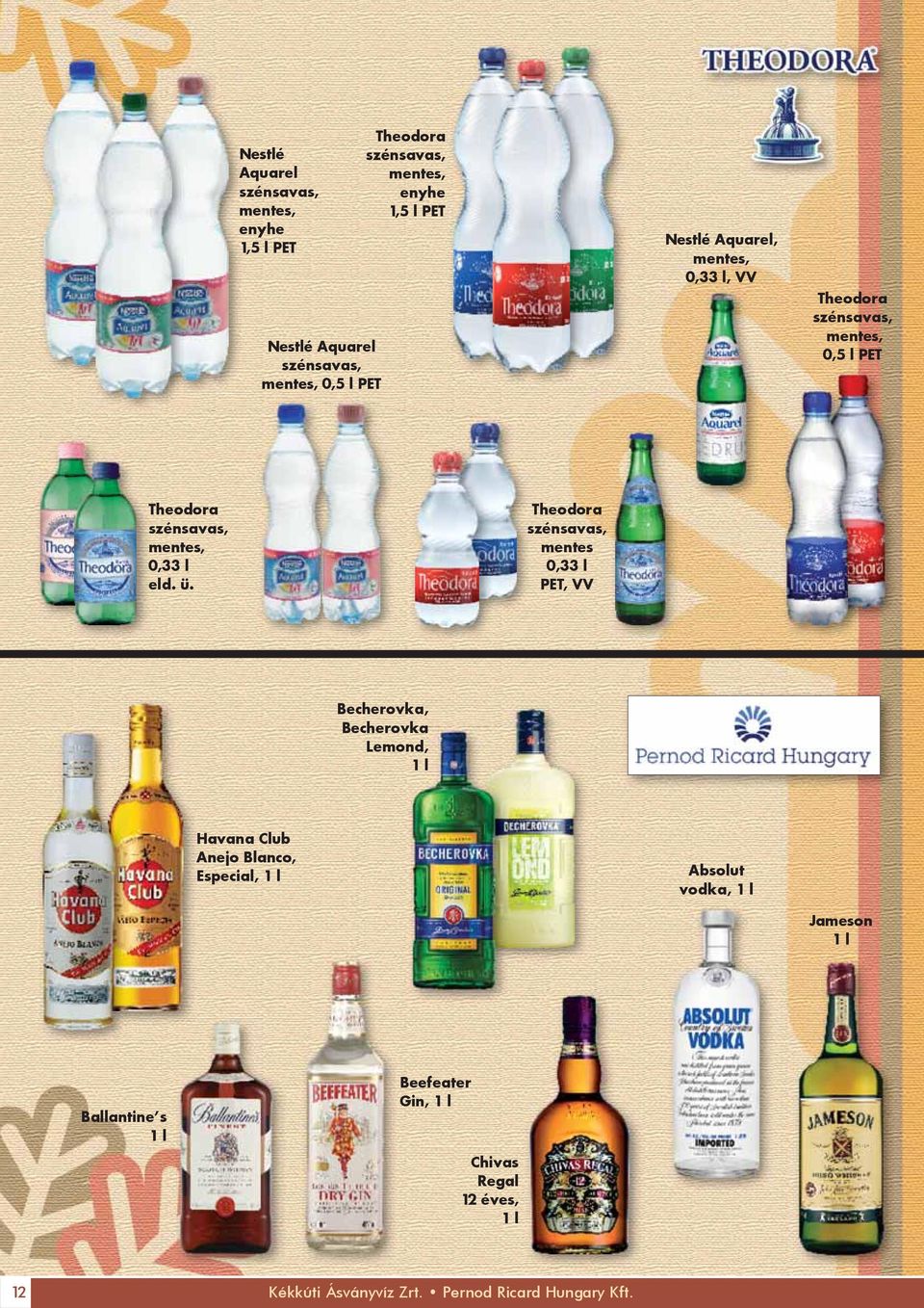 Theodora szénsavas, mentes 0,33 l PET, VV Becherovka, Becherovka Lemond, 1 l Havana Club Anejo Blanco, Especial, 1 l Absolut