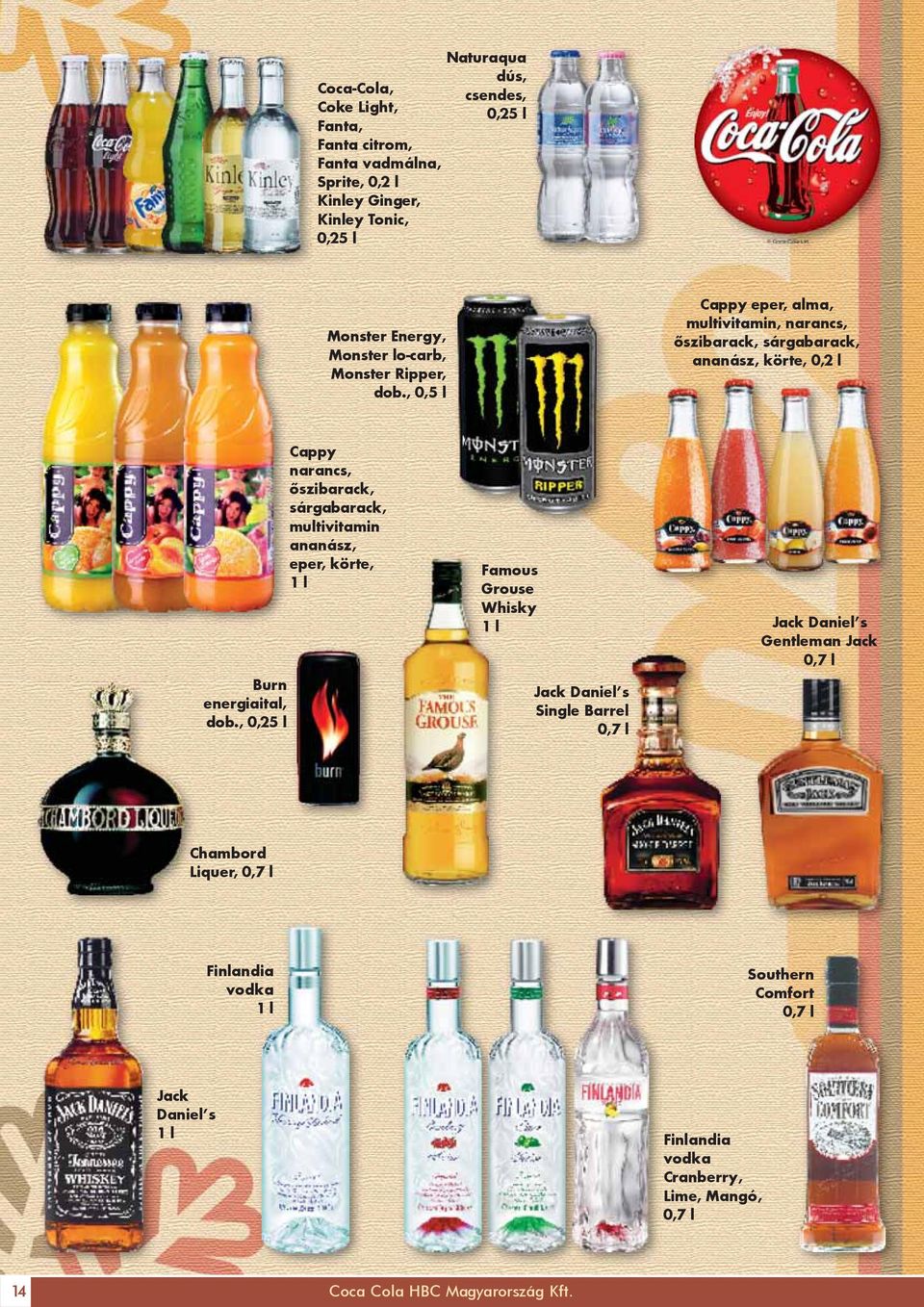 , 0,25 l Cappy narancs, őszibarack, sárgabarack, multivitamin ananász, eper, körte, 1 l Famous Grouse Whisky 1 l Jack Daniel s Gentleman Jack 0,7 l Jack Daniel s