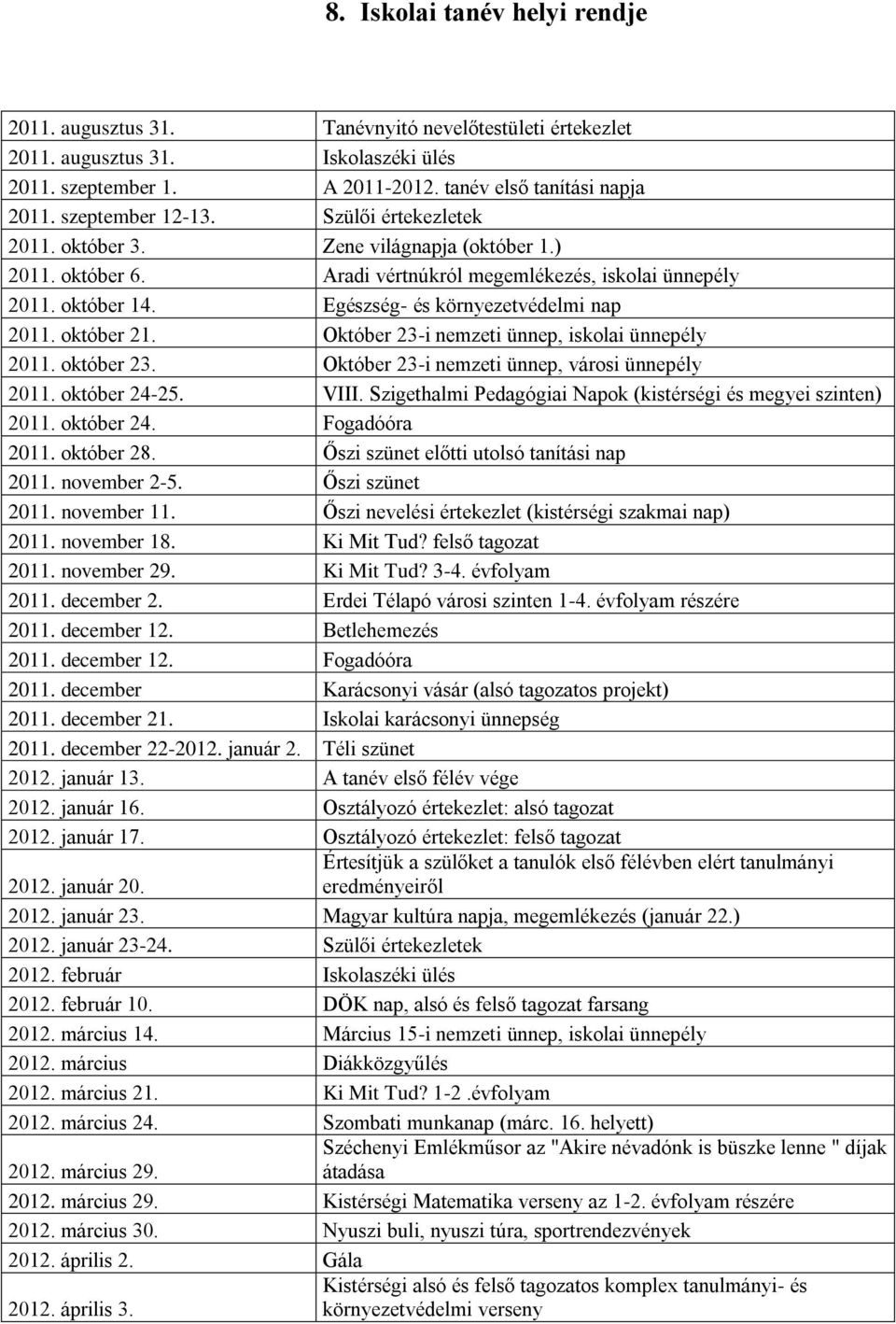 Egészség- és környezetvédelmi nap 2011. október 21. Október 23-i nemzeti ünnep, iskolai ünnepély 2011. október 23. Október 23-i nemzeti ünnep, városi ünnepély 2011. október 24-25. VIII.