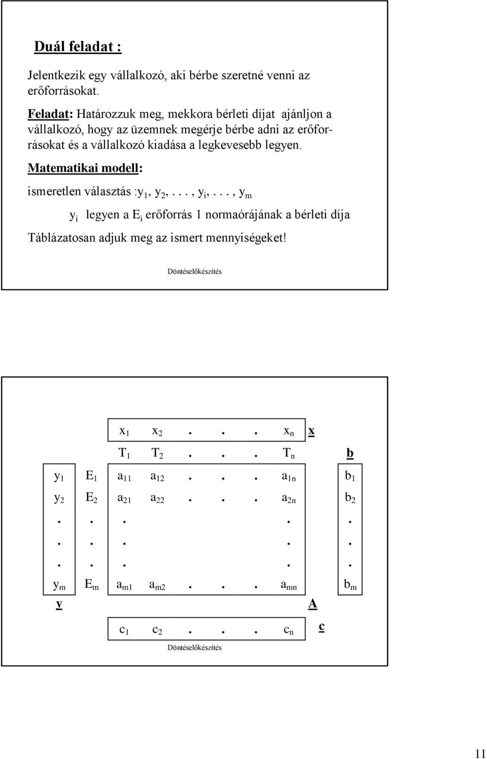 legkevesebb legyen. Matematikai modell: ismeretlen választás :y 1, y 2,..., y i,.