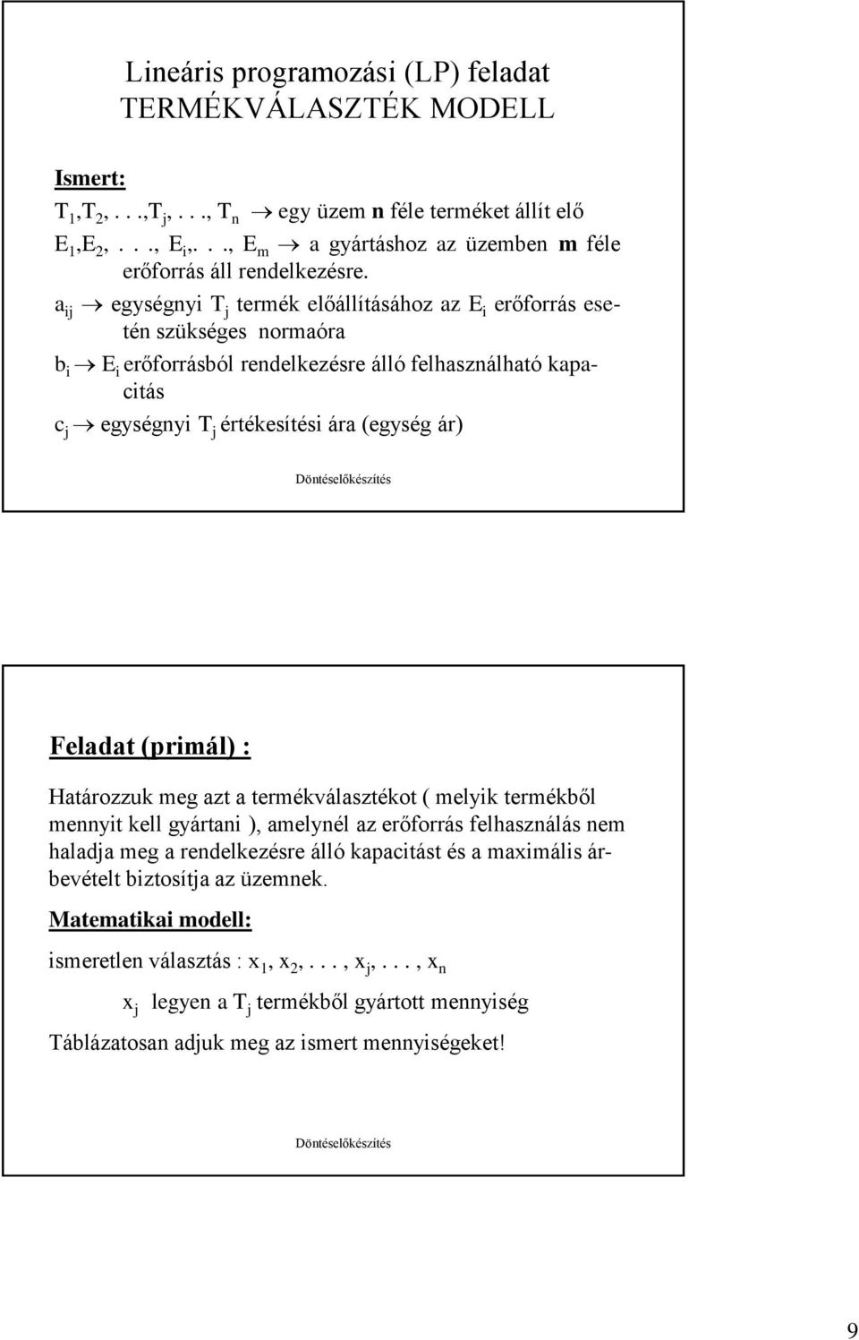 a ij egységnyi T j termék előállításához az E i erőforrás esetén szükséges normaóra b i E i erőforrásból rendelkezésre álló felhasználható kapacitás egységnyi T j értékesítési ára (egység ár) c j