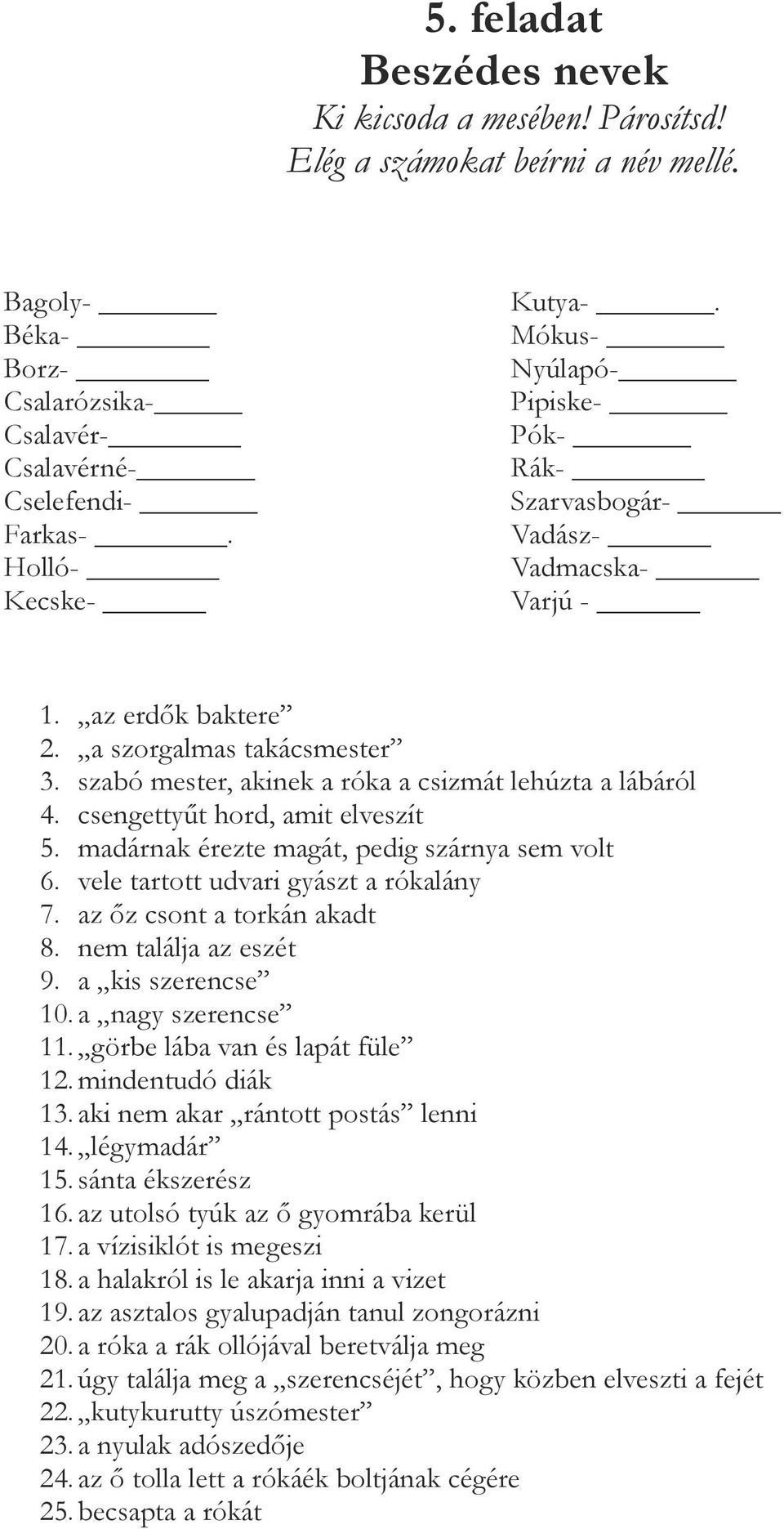 csengettyűt hord, amit elveszít 5. madárnak érezte magát, pedig szárnya sem volt 6. vele tartott udvari gyászt a rókalány 7. az őz csont a torkán akadt 8. nem találja az eszét 9. a kis szerencse 10.