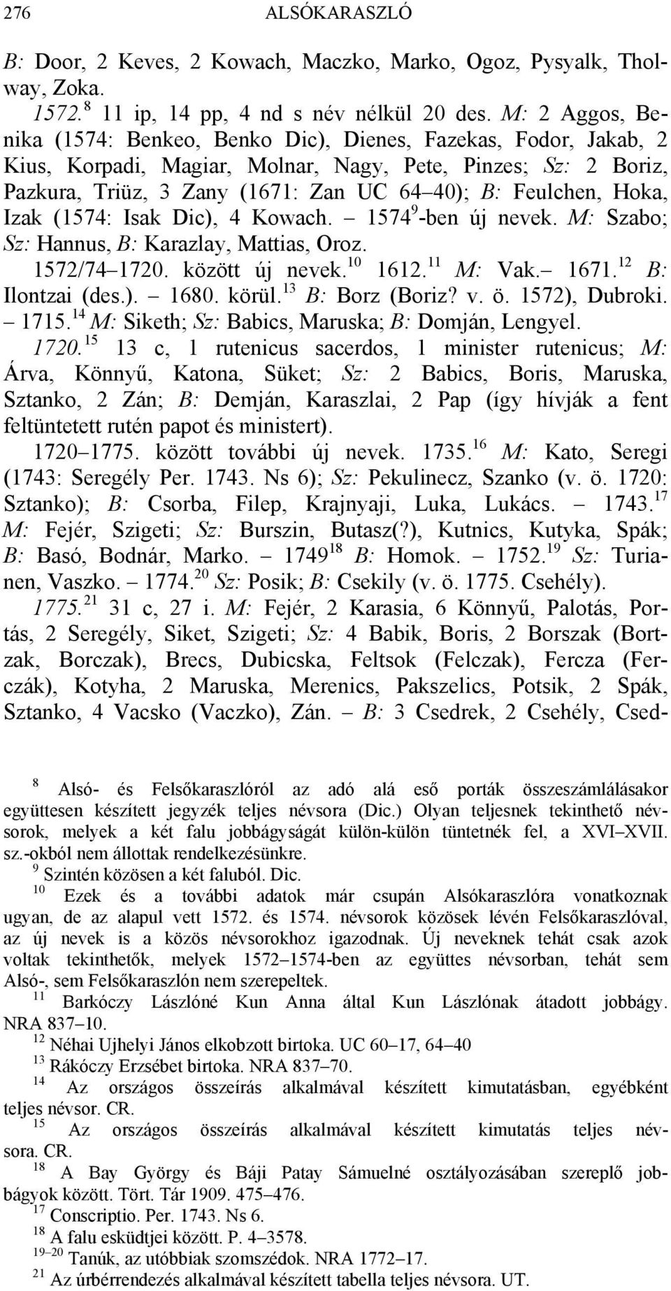 Feulchen, Hoka, Izak (1574: Isak Dic), 4 Kowach. 1574 9 -ben új nevek. M: Szabo; Sz: Hannus, B: Karazlay, Mattias, Oroz. 1572/74 1720. között új nevek. 10 1612. 11 M: Vak. 1671. 12 B: Ilontzai (des.). 1680.