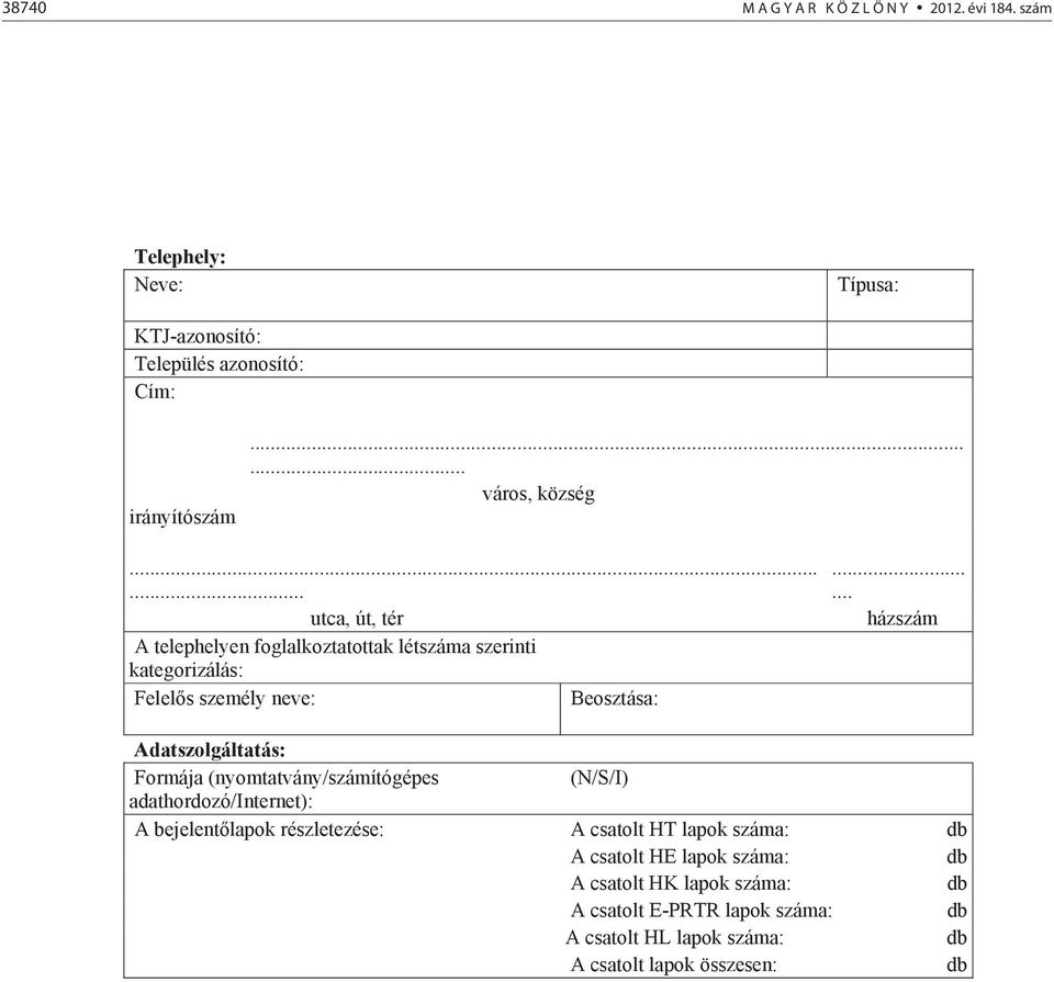 ..... házszám Adatszolgáltatás: Formája (nyomtatvány/számítógépes (N/S/I) adathordozó/internet): A bejelentlapok részletezése: A csatolt HT