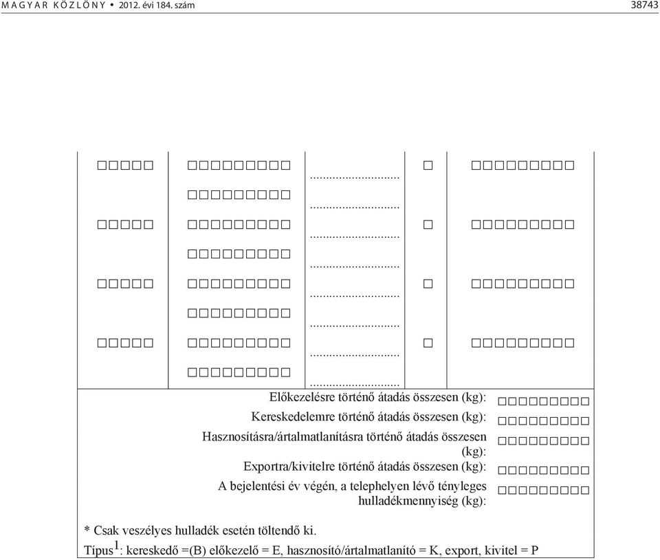Hasznosításra/ártalmatlanításra történ átadás összesen (kg): Exportra/kivitelre történ átadás összesen (kg): A