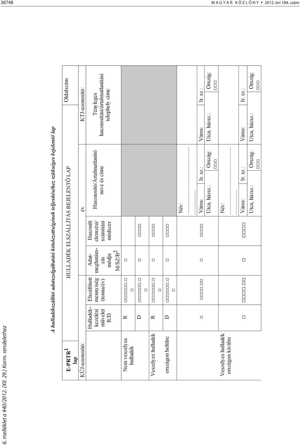 Hulladékkezelési mvelet R/D Elszállított mennyiség (tonna/év) Adatmeghatározás módja M/SZ/B 2 Használt elemzési/ számítási módszer Hasznosító/Ártalmatlanító neve és címe Tényleges