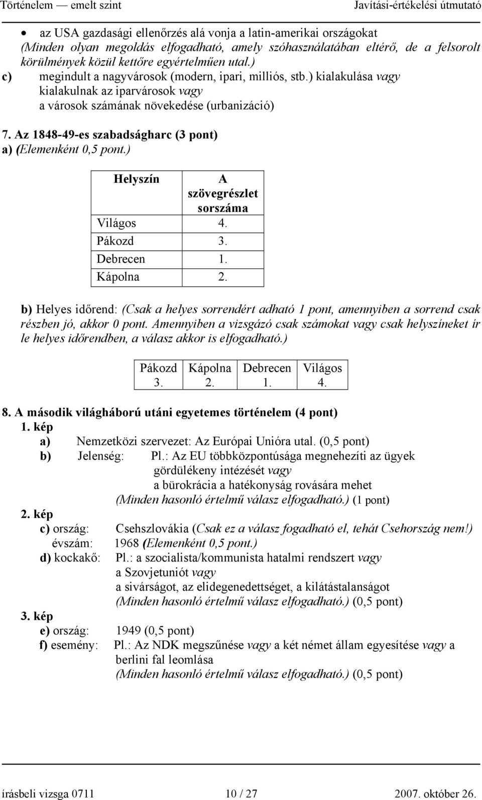 Az 1848-49-es szabadságharc (3 pont) a) (Elemenként 0,5 pont.) Helyszín A szövegrészlet sorszáma Világos 4. Pákozd 3. Debrecen 1. Kápolna 2.