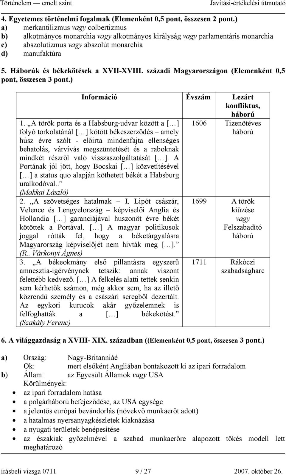 Háborúk és békekötések a XVII-XVIII. századi Magyarországon (Elemenként 0,5 pont, összesen 3 pont.) Információ Évszám Lezárt konfliktus, háború 1.