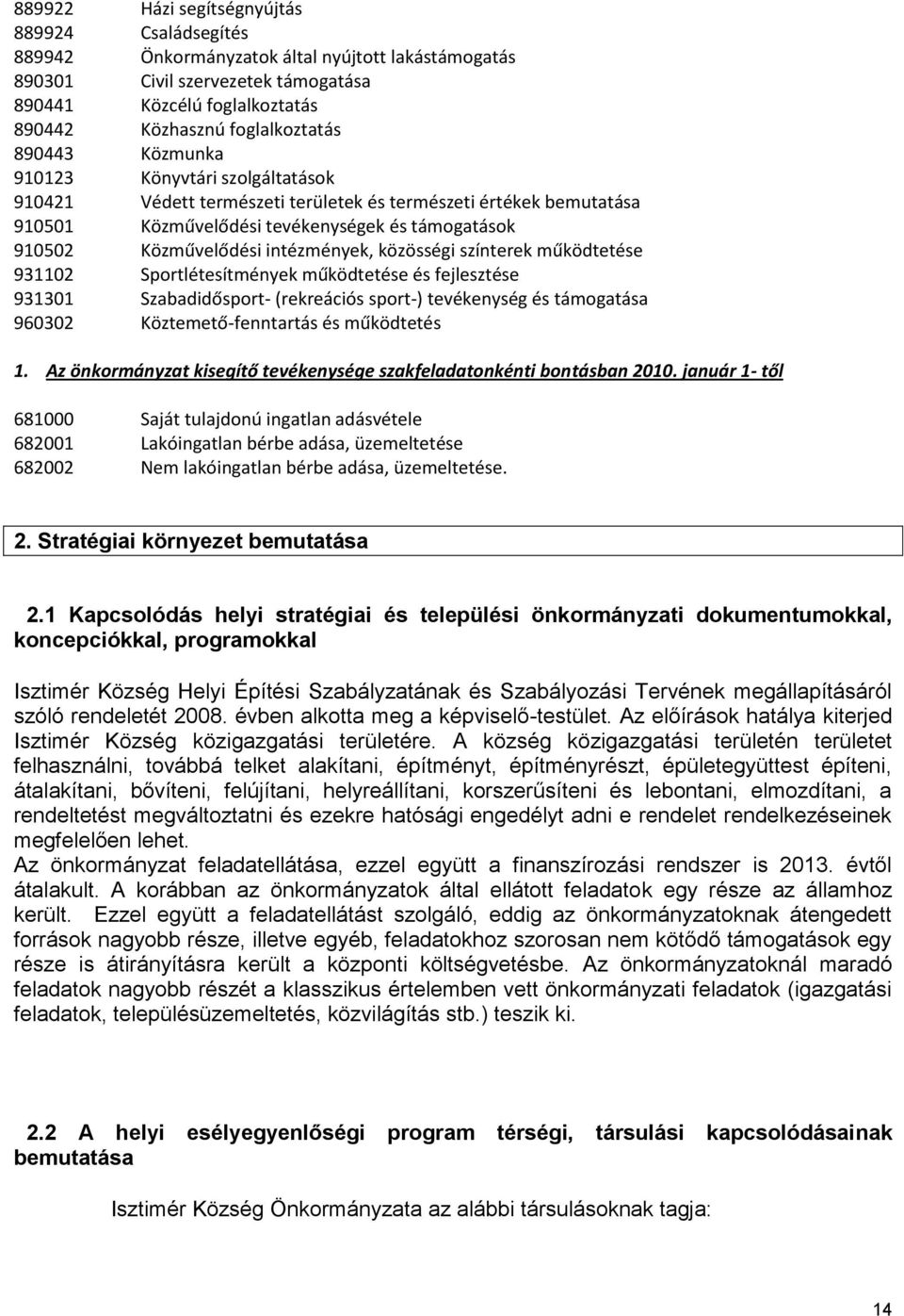 közösségi színterek működtetése 931102 Sportlétesítmények működtetése és fejlesztése 931301 Szabadidősport- (rekreációs sport-) tevékenység és támogatása 960302 Köztemető-fenntartás és működtetés 1.