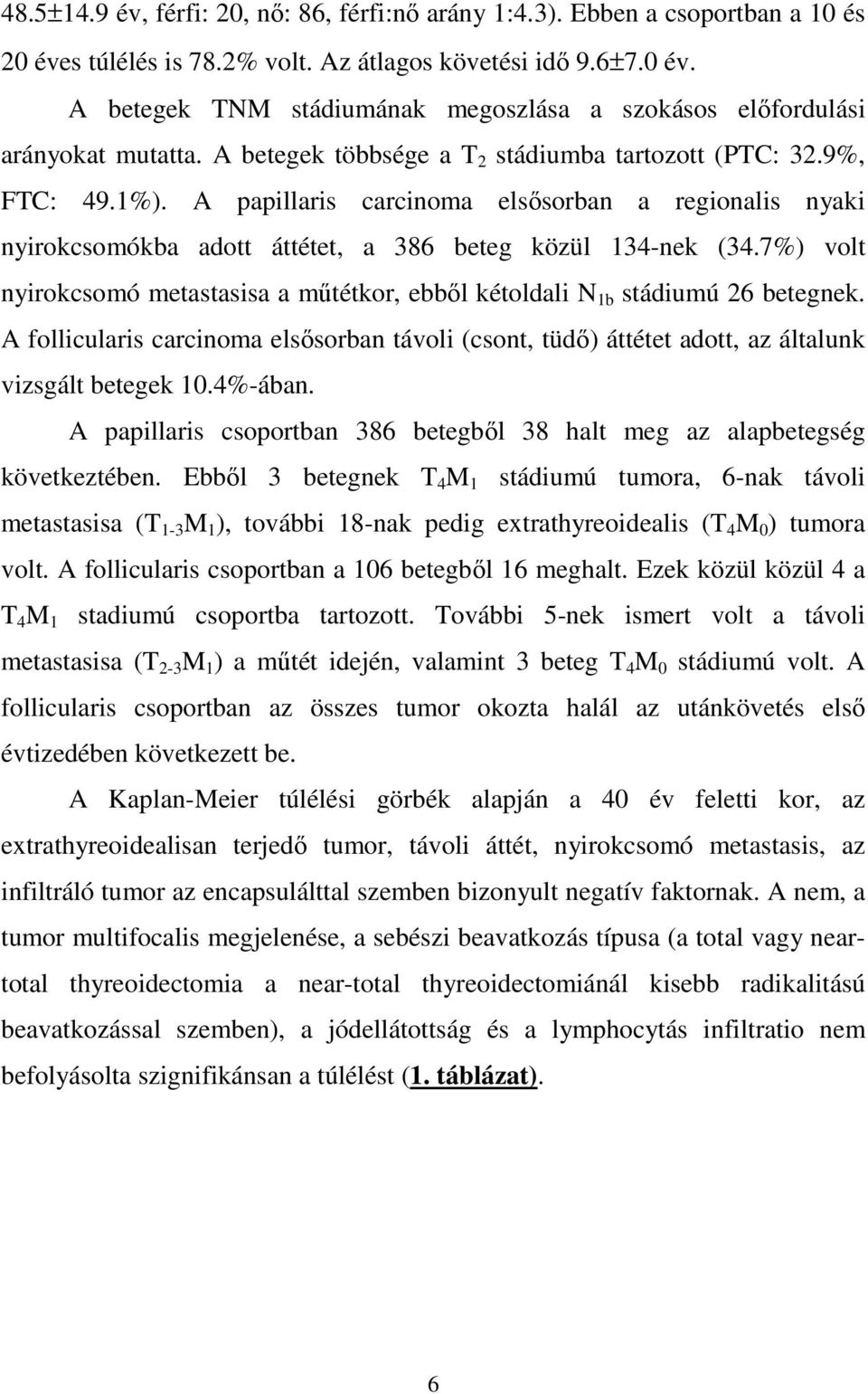 7%) volt nyirokcsomó metastasisa a mőtétkor, ebbıl kétoldali N 1b stádiumú 26 betegnek. A follicularis carcinoma elsısorban távoli (csont, tüdı) áttétet adott, az általunk vizsgált betegek 10.4%-ában.