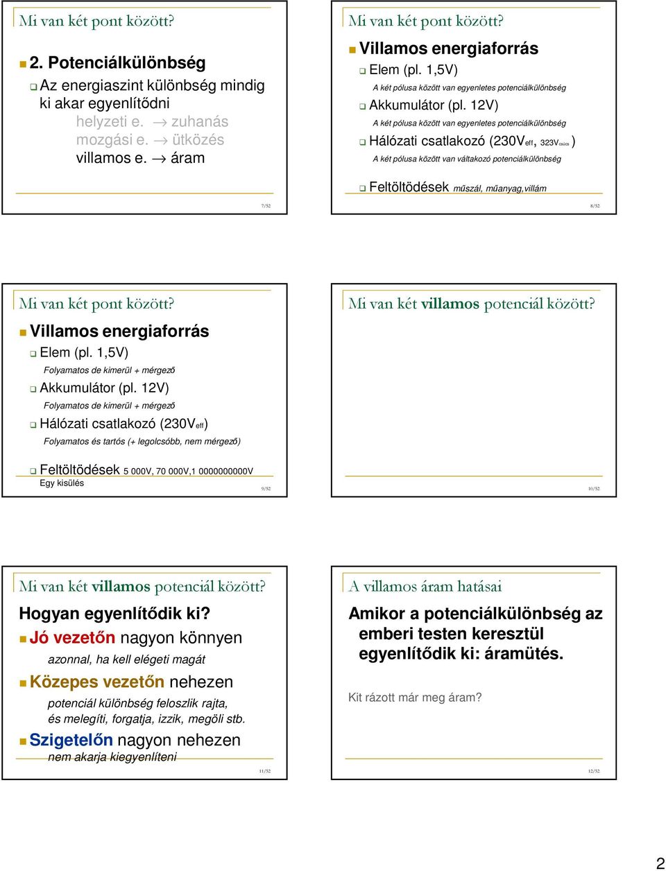 12V) A két pólusa között van egyenletes potenciálkülönbség Hálózati csatlakozó (230Veff, 323Vcsúcs ) A két pólusa között van váltakozó potenciálkülönbség Feltöltödések műszál, műanyag,villám 7/52