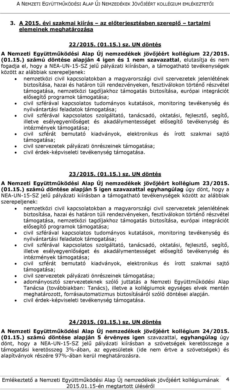 ) számú döntése alapján 4 igen és 1 nem szavazattal, elutasítja és nem fogadja el, hogy a NEA-UN-15-SZ jelű pályázati kiírásban, a támogatható tevékenységek között az alábbiak szerepeljenek: