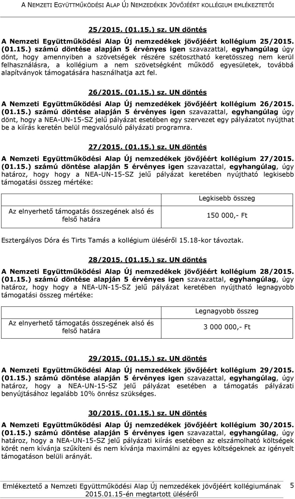 fel. 26/2015. (01.15.) sz. UN döntés A Nemzeti Együttműködési Alap Új nemzedékek jövőjéért kollégium 26/2015.