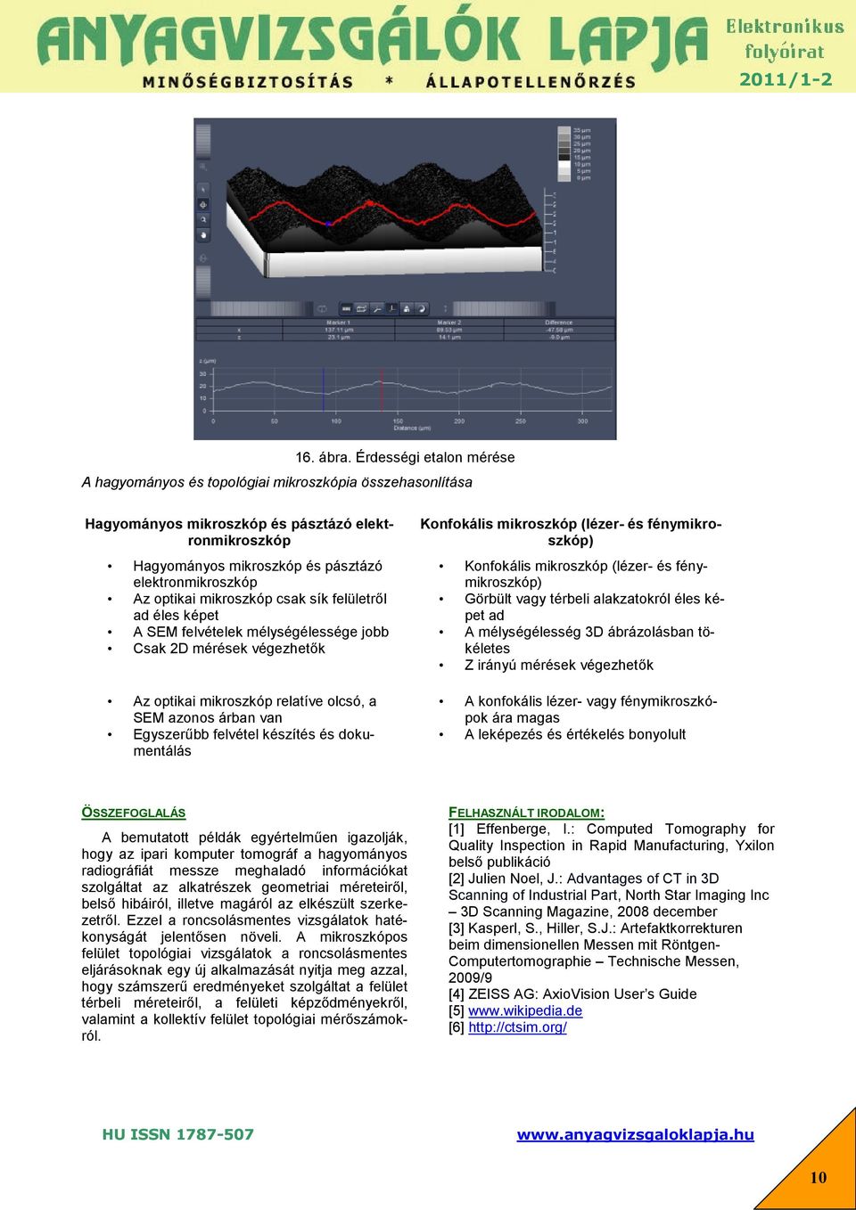 optikai mikroszkóp csak sík felületről ad éles képet A SEM felvételek mélységélessége jobb Csak 2D mérések végezhetők Konfokális mikroszkóp (lézer- és fénymikroszkóp) Az optikai mikroszkóp relatíve