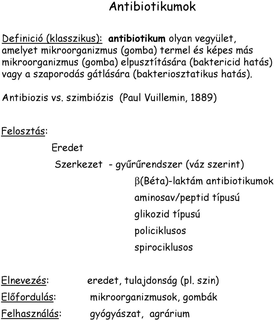 szimbiózis (Paul Vuillemin, 1889) Felosztás: Eredet Szerkezet - gyűrűrendszer (váz szerint) β(béta)-laktám antibiotikumok aminosav/peptid