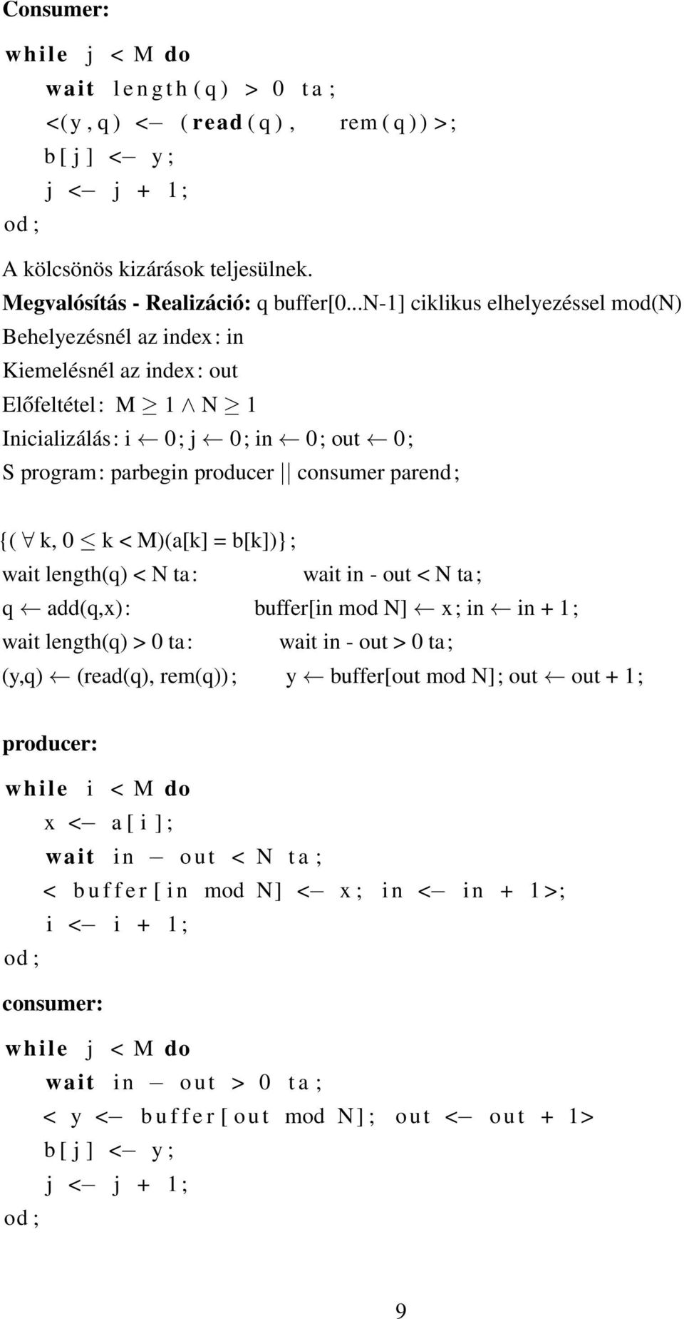 k, 0 k < M)(a[k] = b[k])}; wait length(q) < N ta: wait in - out < N ta; q add(q,x): buffer[in mod N] x; in in + 1; wait length(q) > 0 ta: wait in - out > 0 ta; (y,q) (read(q), rem(q)); y buffer[out