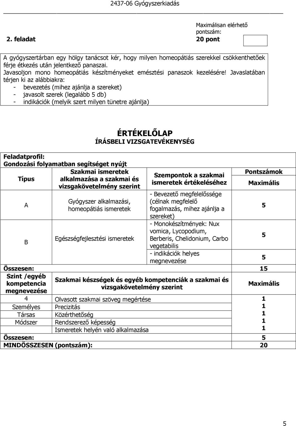 Javaslatában térjen ki az alábbiakra: - bevezetés (mihez ajánlja a szereket) - javasolt szerek (legalább db) - indikációk (melyik szert milyen tünetre ajánlja) Feladatprofil: Gondozási folyamatban