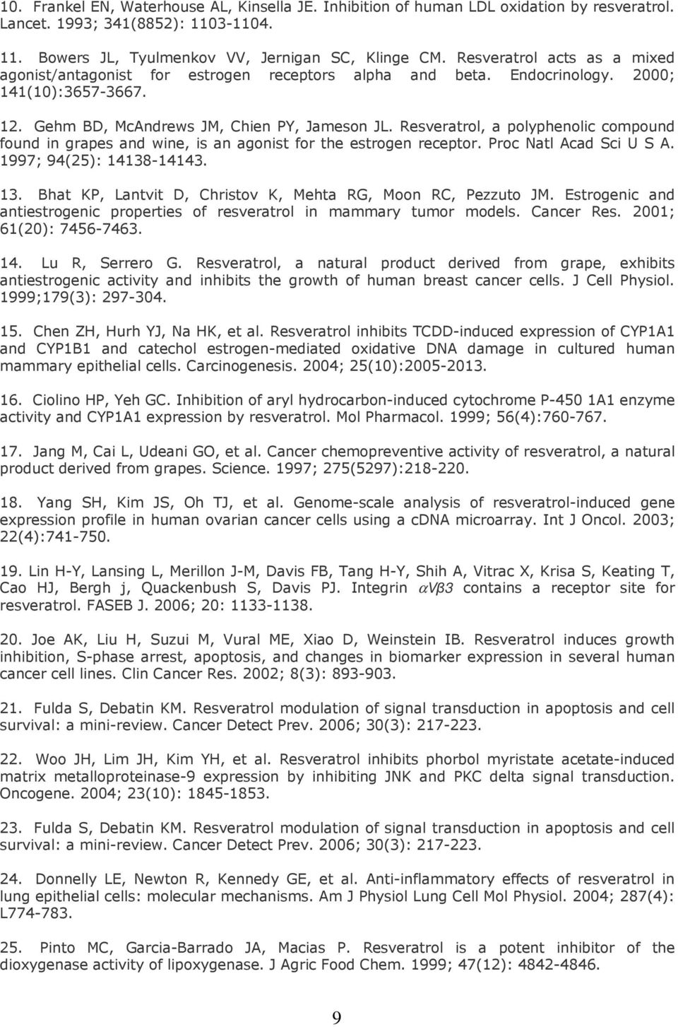 Resveratrol, a polyphenolic compound found in grapes and wine, is an agonist for the estrogen receptor. Proc Natl Acad Sci U S A. 1997; 94(25): 14138-14143. 13.