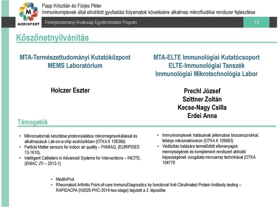 sensors for indoor air quality PAMIAQ, (EURIPIDES 13-1610), Intelligent Catheters in Advanced Systems for Interventions INCITE, (ENIAC JTI 2013-1) Immunkomplexek hatásainak jellemzése