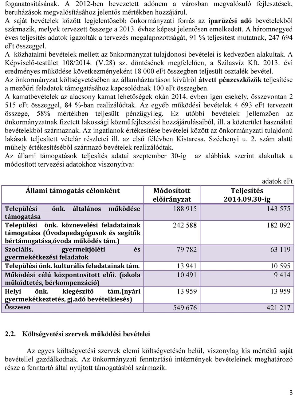 A háromnegyed éves teljesítés adatok igazolták a tervezés megalapozottságát, 91 % teljesítést mutatnak, 247 694 eft összeggel.