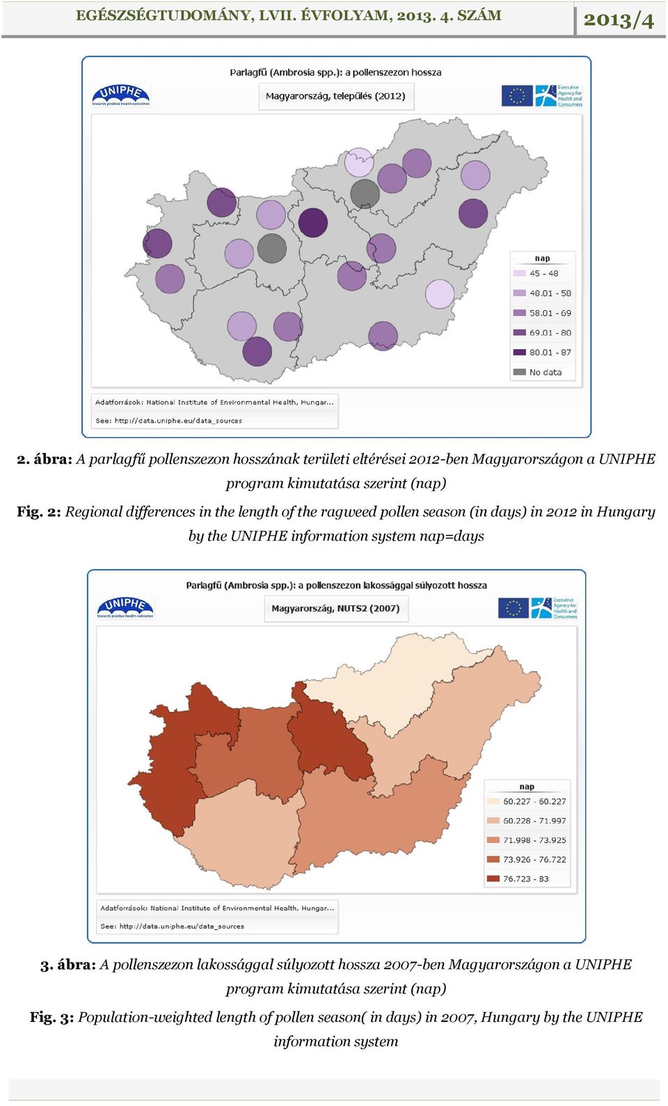 2: Regional differences in the length of the ragweed pollen season (in days) in 2012 in Hungary by the UNIPHE information