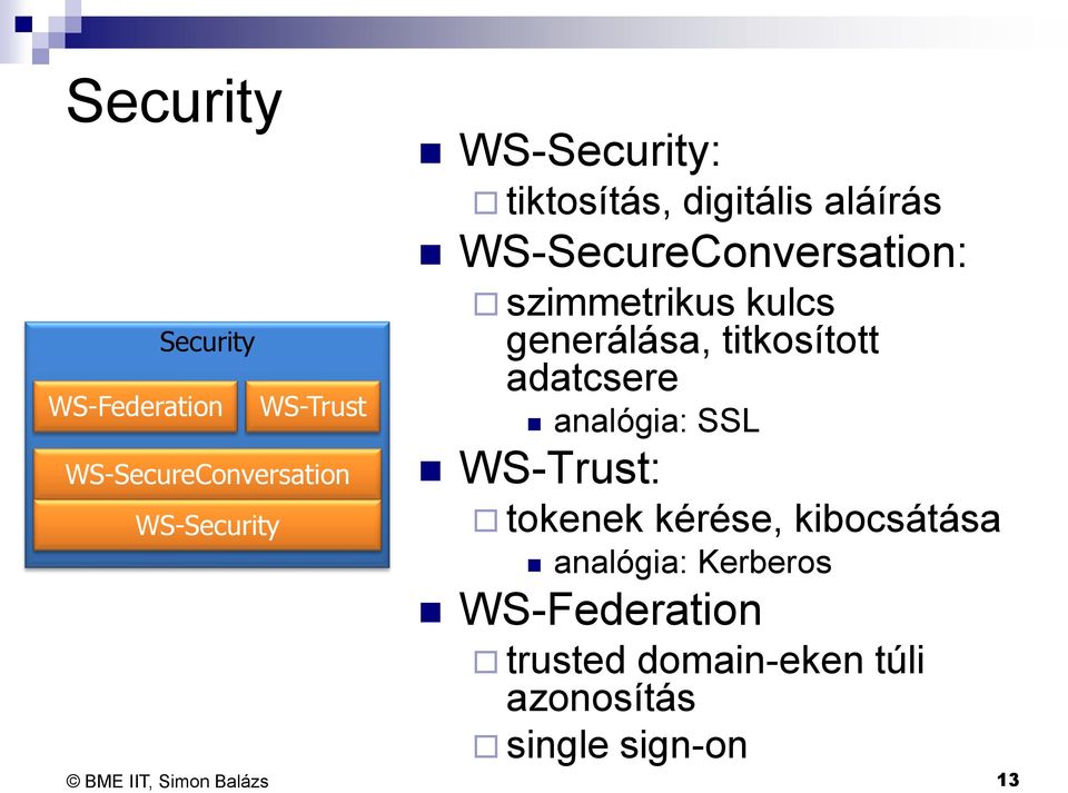 kulcs generálása, titkosított adatcsere analógia: SSL WS-Trust: tokenek kérése,