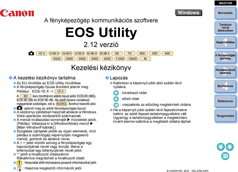 Ha adott típusra vonatkozó magyarázat szükséges, ezt a 6D(WG) ikonhoz hasonló jelzi. jeleníti meg az adott fényképezőgép-típust.