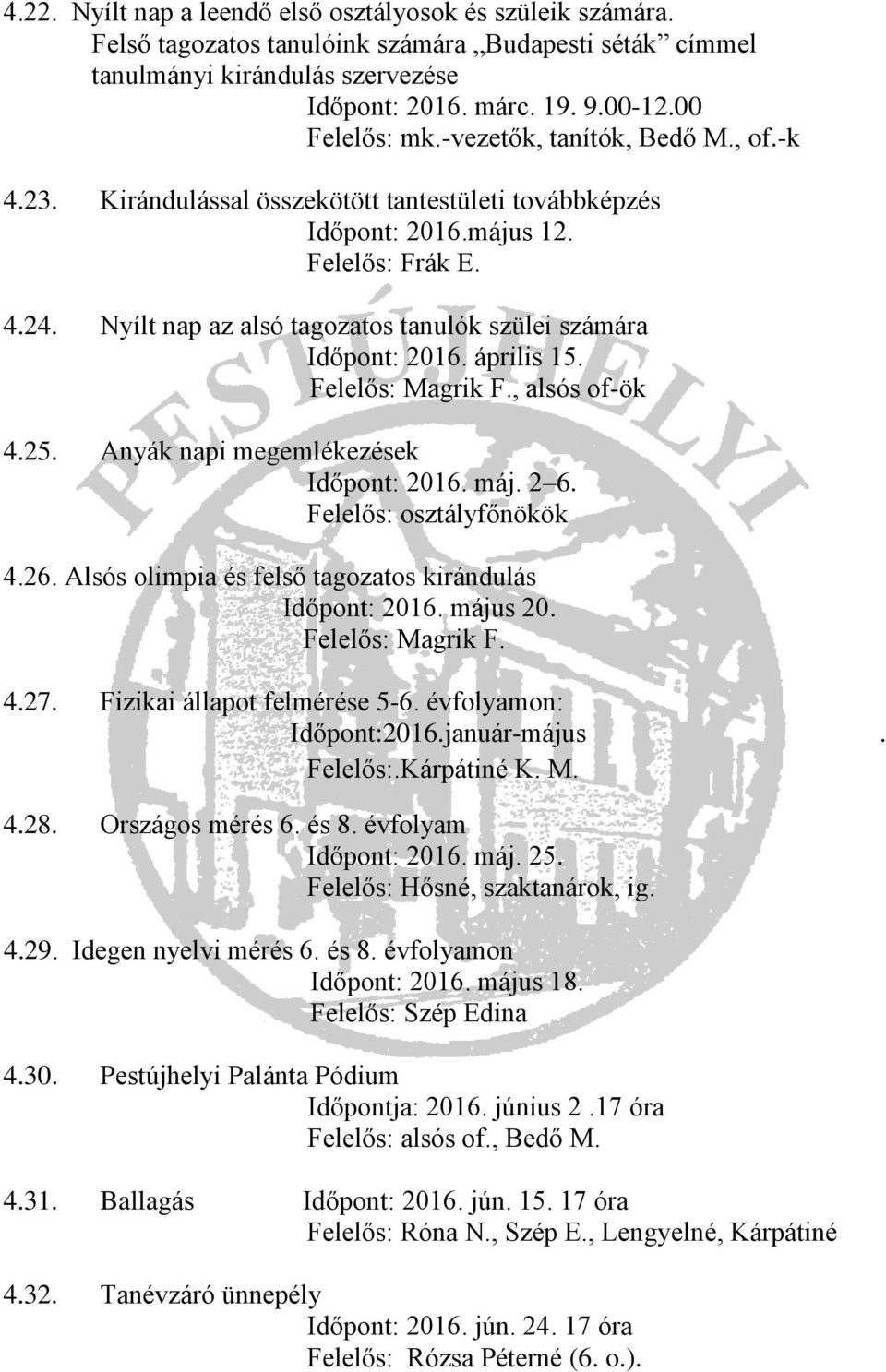 Nyílt nap az alsó tagozatos tanulók szülei számára Időpont: 2016. április 15. Felelős: Magrik F., alsós of-ök 4.25. Anyák napi megemlékezések Időpont: 2016. máj. 2 6. Felelős: osztályfőnökök 4.26.