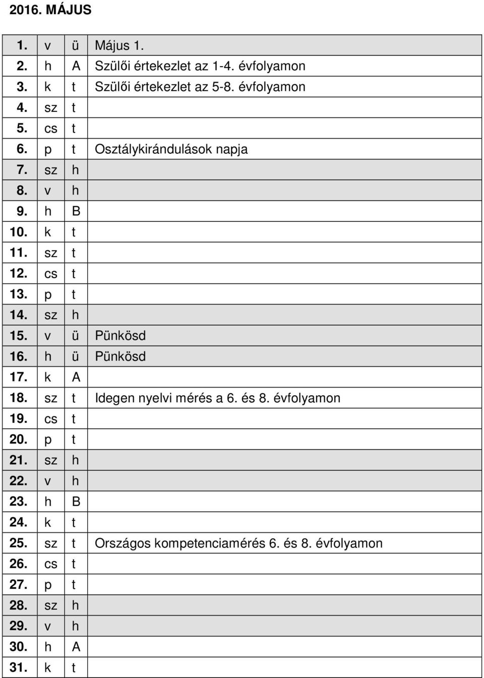 v ü Pünkösd 16. h ü Pünkösd 17. k A 18. sz t Idegen nyelvi mérés a 6. és 8. évfolyamon 19. cs t 20. p t 21. sz h 22.