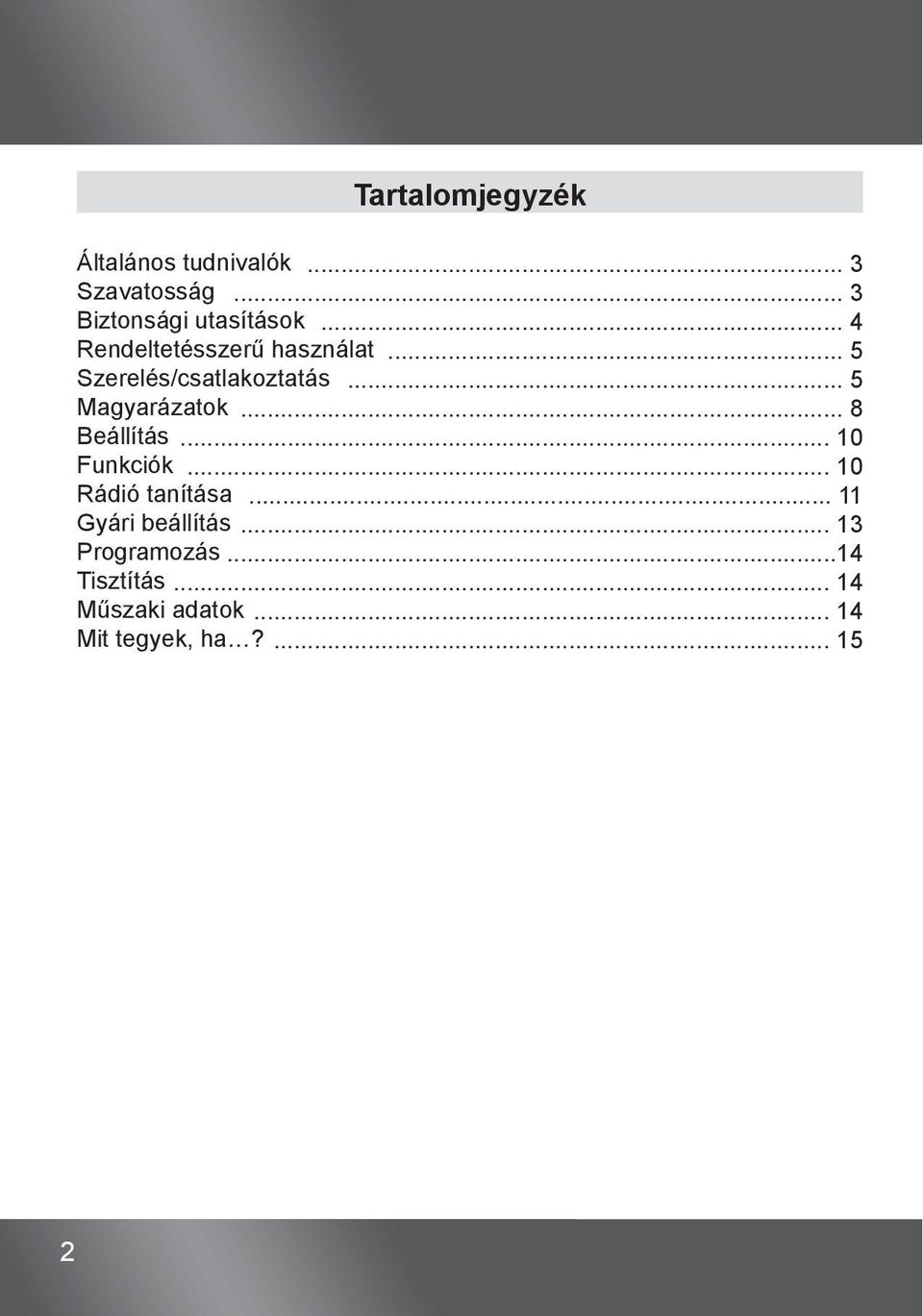 .. 8 Beállítás... 10 Funkciók... 10 Rádió tanítása... 11 Gyári beállítás.