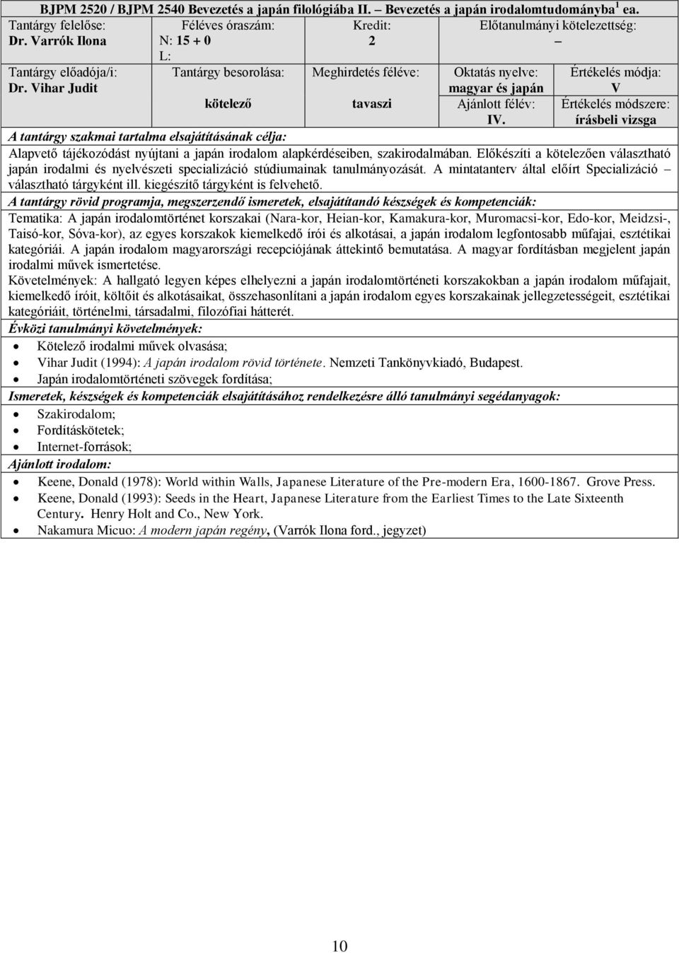 Előkészíti a kötelezően választható japán irodalmi és nyelvészeti specializáció stúdiumainak tanulmányozását. A mintatanterv által előírt Specializáció választható tárgyként ill.