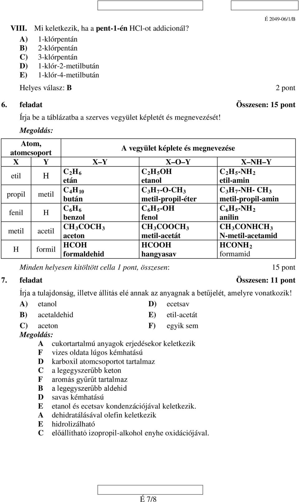 Atom, atomcsoport A vegyület képlete és megnevezése X Y X Y X O Y X NH Y etil C H H6 C H 5 OH C H 5 -NH etán etanol etil-amin propil metil C 4 H10 C H 7 -O-CH C H 7 -NH- CH bután metil-propil-éter