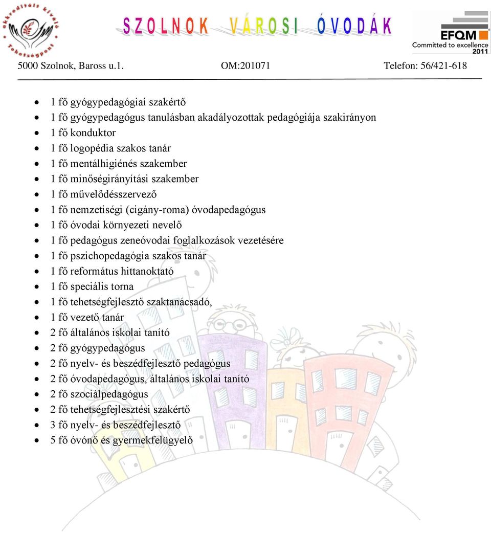 pszichopedagógia szakos tanár 1 fő református hittanoktató 1 fő speciális torna 1 fő tehetségfejlesztő szaktanácsadó, 1 fő vezető tanár 2 fő általános iskolai tanító 2 fő gyógypedagógus 2