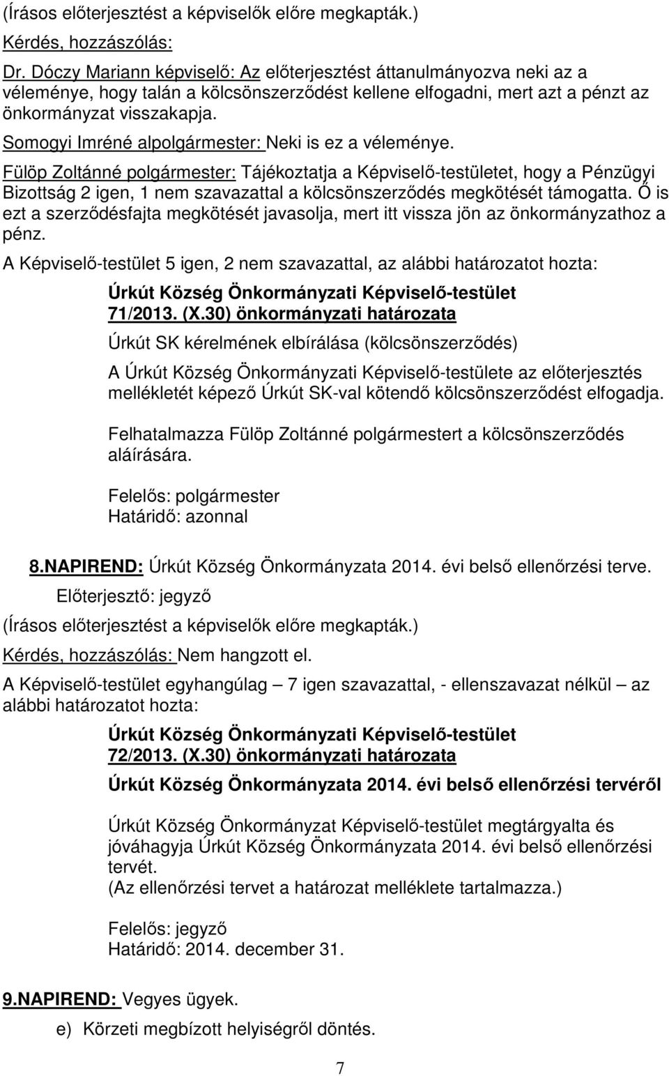 Fülöp Zoltánné polgármester: Tájékoztatja a Képviselő-testületet, hogy a Pénzügyi Bizottság 2 igen, 1 nem szavazattal a kölcsönszerződés megkötését támogatta.