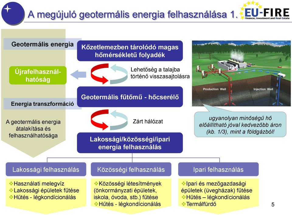 átalakítása és felhasználhatósága Geotermális fűtőmű - hőcserélő Zárt hálózat Lakossági/közösségi/ipari energia felhasználás ugyanolyan minőségű hő előállítható jóval kedvezőbb áron (kb.