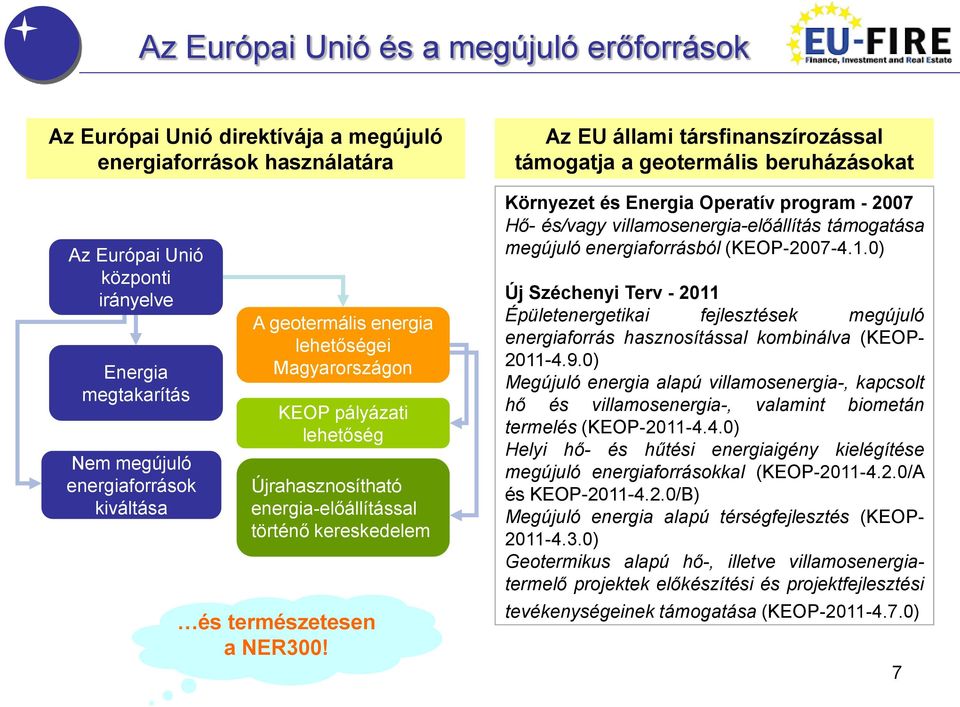 Az EU állami társfinanszírozással támogatja a geotermális beruházásokat Környezet és Energia Operatív program - 2007 Hő- és/vagy villamosenergia-előállítás támogatása megújuló energiaforrásból