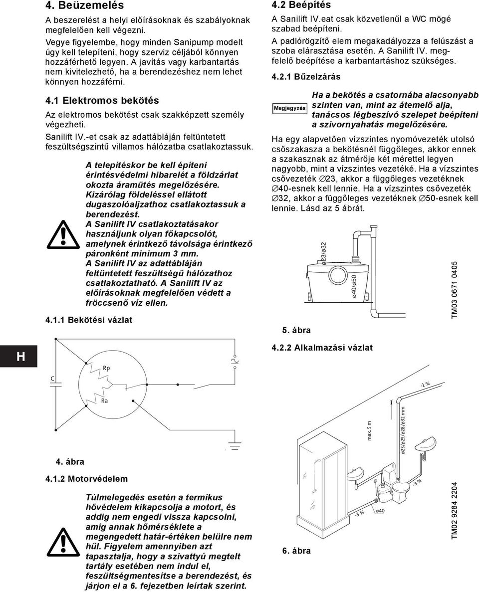 A javítás vagy karbantartás nem kivitelezhető, ha a berendezéshez nem lehet könnyen hozzáférni. 4.1 Elektromos bekötés Az elektromos bekötést csak szakképzett személy végezheti. Sanilift IV.