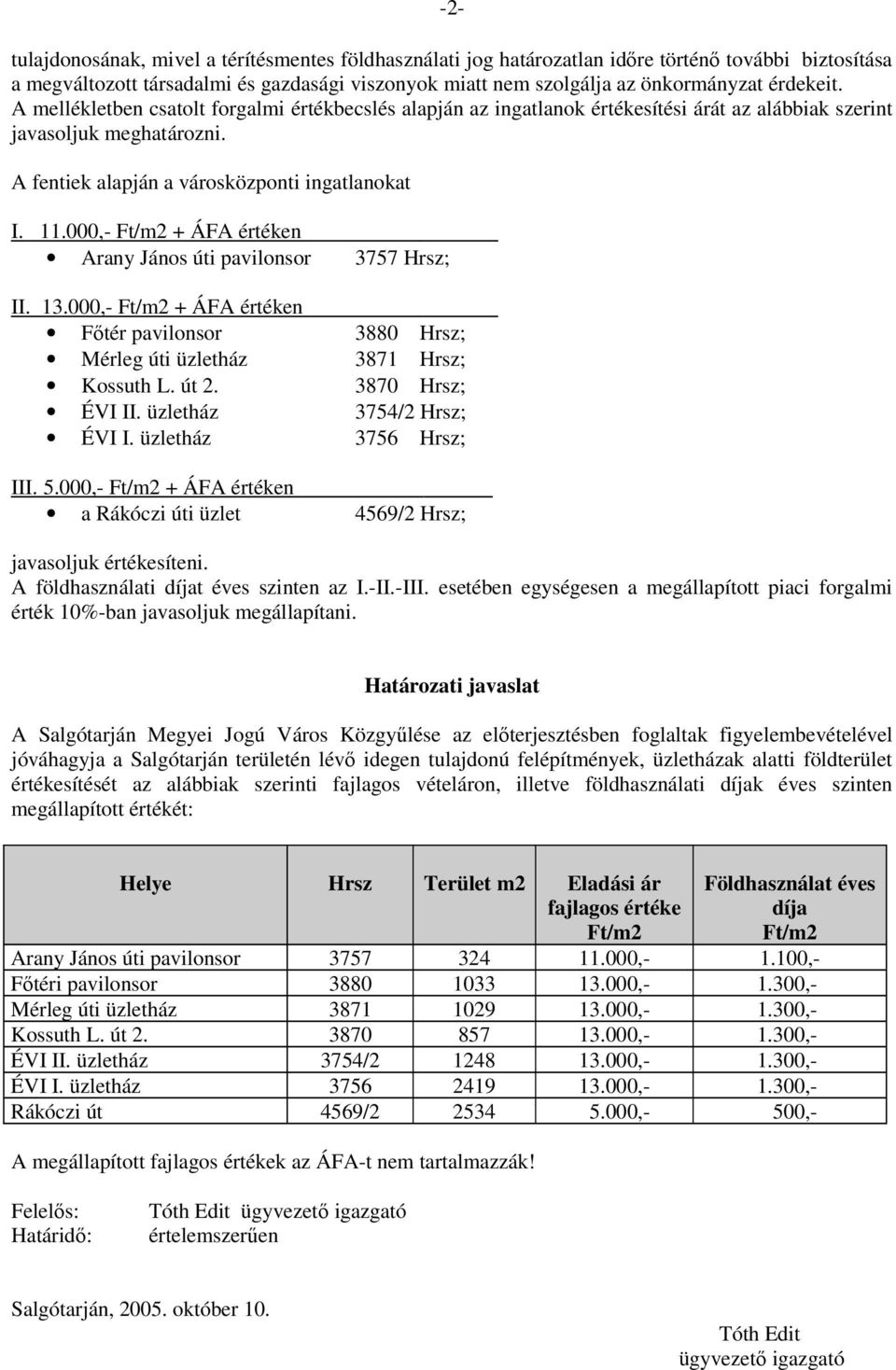 000,- Ft/m2 + ÁFA értéken Arany János úti pavilonsor 3757 Hrsz; II. 13.000,- Ft/m2 + ÁFA értéken Fıtér pavilonsor 3880 Hrsz; Mérleg úti üzletház 3871 Hrsz; Kossuth L. út 2. 3870 Hrsz; ÉVI II.