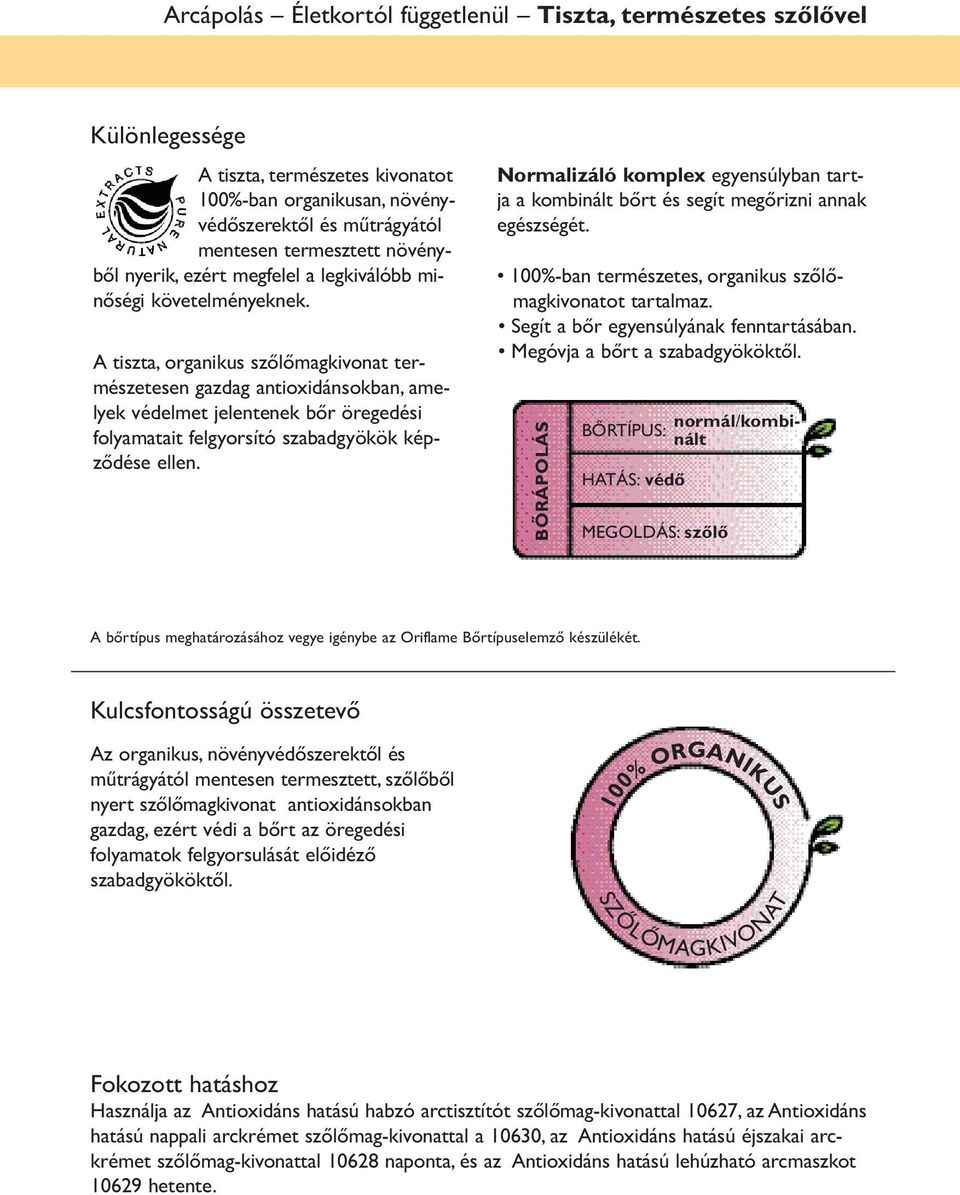 A tiszta, organikus szőlőmagkivonat természetesen gazdag antioxidánsokban, amelyek védelmet jelentenek bőr öregedési folyamatait felgyorsító szabadgyökök képződése ellen.