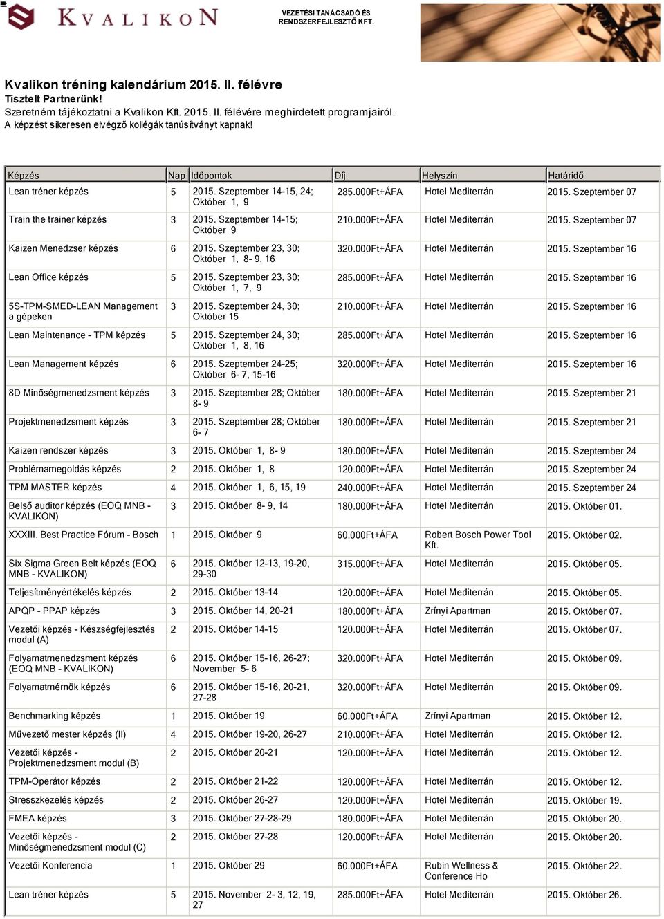 Szeptember 14-15; Október 9 Kaizen Menedzser képzés 6 2015. Szeptember 23, 30; Október 1, 8-9, 16 Lean Office képzés 5 2015.