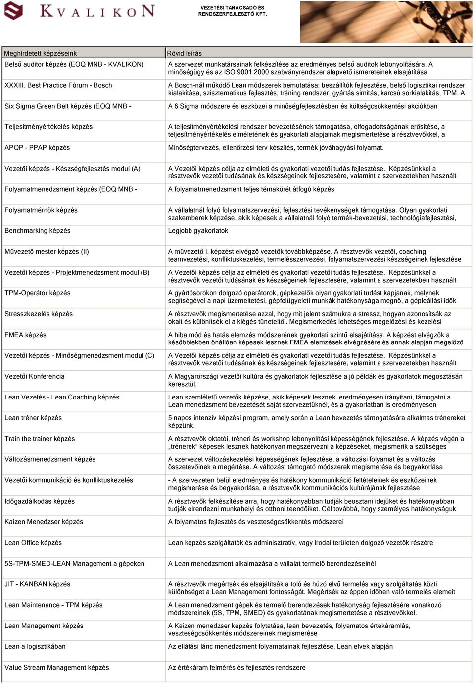 A minőségügy és az ISO 9001:2000 szabványrendszer alapvető ismereteinek elsajátítása A Bosch-nál működő Lean módszerek bemutatása: beszállítók fejlesztése, belső logisztikai rendszer kialakítása,