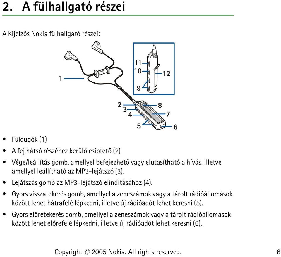 Gyors visszatekerés gomb, amellyel a zeneszámok vagy a tárolt rádióállomások között lehet hátrafelé lépkedni, illetve új rádióadót lehet keresni